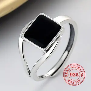 S925 Sterling Silver Signet Ring, Black Square Design, Suitable for Men And Women, High-Quality Adjustable Ring, Can Be Matched with Daily Clothing And Party Additions