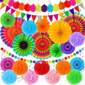 35 PCS Dia De Los Muertos Decorations, Cinco de Mayo Decorations, Cinco de Mayo Banner Paper Fans Tissue POMPOM Hanging Swirls Garland String for Mexi