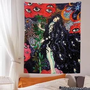 Psychedelic Girl Tapestry Wall Hanging Botanical Celestial Floral Tapestry Hippie Eye Wall Carpets Dorm Decor Starry Flower 6 tapestry