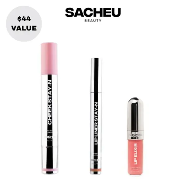 sacheu Cheek & Lip STAY-N Trio | Blush, Lip Liner & Gloss Trio | All-Day Dewy Lip & Cheek Set