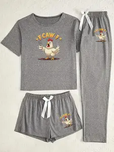 Women's Three-Piece Sleepwear Set, Cartoon Rooster Print Design, Comfortable & Stylish Nightwear, Perfect for Casual Wear at Home