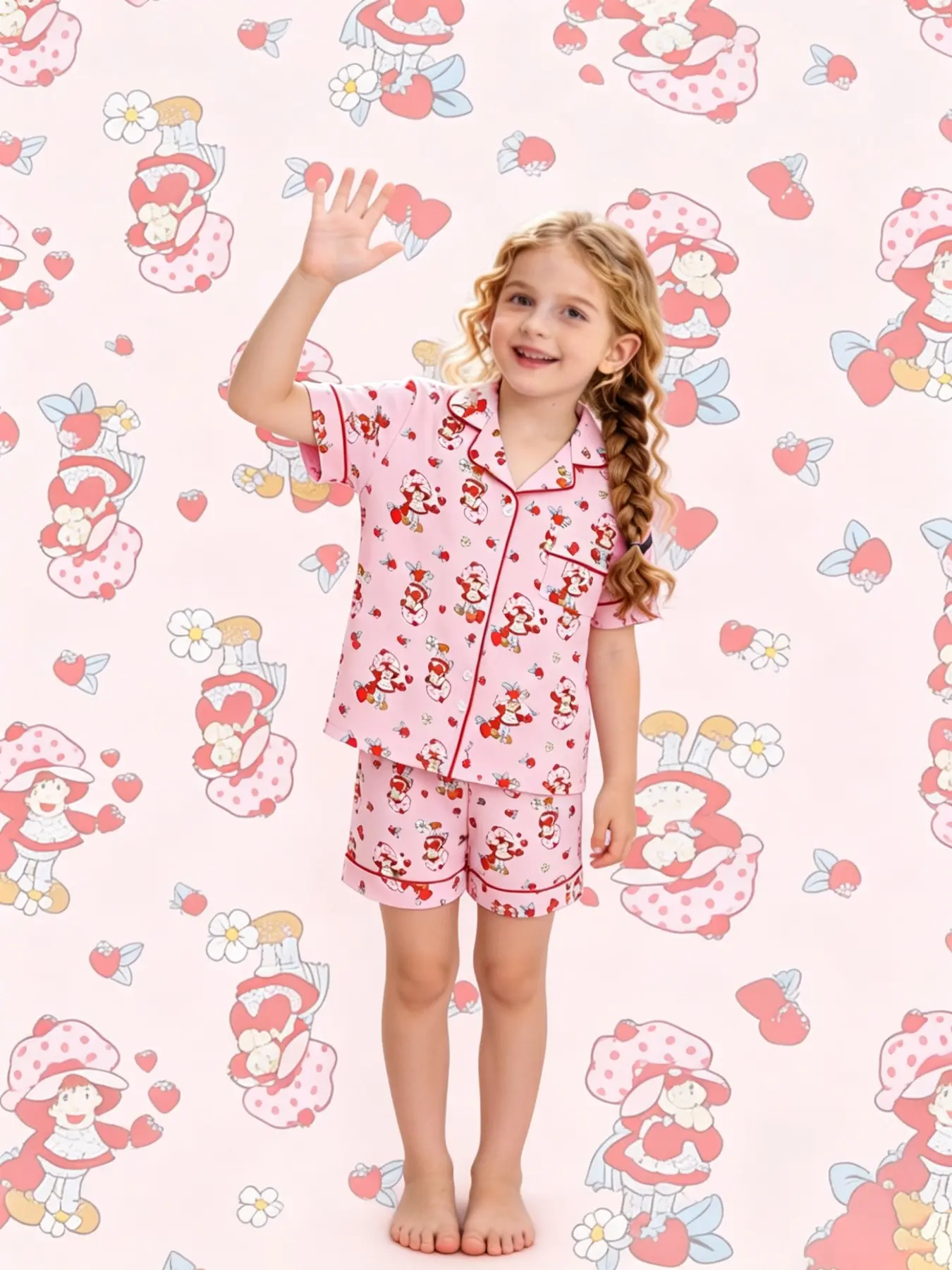 2-piece set of children's foundation make-up with flowers girls' printed pattern, short sleeved shorts, soft comfortable top, small pocket, elastic waist, suitable for home daily casual children's pajama set, Elastic waist pajamas