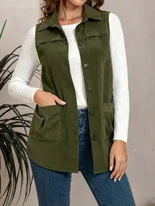 Women's Solid Color Corduroy Lapel Vest, Single Button Pocket Design, Vintage Casual Versatile Outerwear, Daily Commute Preferred, Womenswear