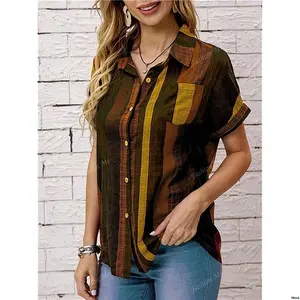 Women sFrontButtonStripedPrintShortSleeveShirt CasualDailyWear