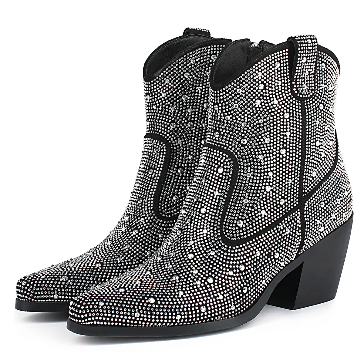 Women Rhinestone Cowboy Boots Glitter Chunky Heel Sparkly Cowgirl Ankle Boots Shoe Pointed Comfort Stylish Walking Shoes Footwear