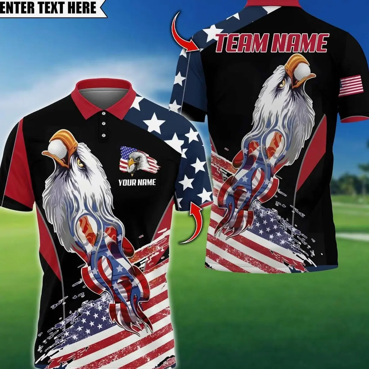 Men's Golf Eagle US Flag Full Print Poly-Spandex 3D Polo Shirt - Custom Team Name, Golfer Jersey, Golfer Gift, S-5XL S98