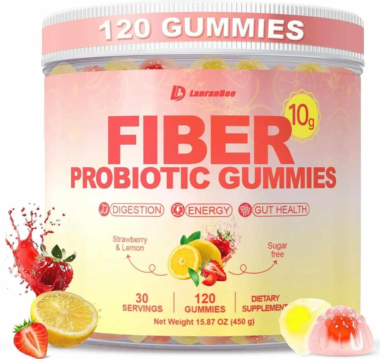 10g Fiber Gummies for Adults with Probiotics, Sugar Free Fiber Supplement with Organic Super Greens & Digestive Enzymes, Supports Gut Health, Energy & Regularity, Vegan, 120 Count