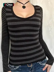 Women's Fall Winter Striped Long Sleeve T-Shirt, Comfortable Casual Slim Fit Top, Perfect for Home & Outdoor Wear