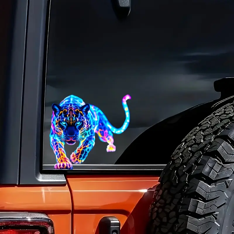 Vibrant Neon Leopard Print Vinyl Stickers - Colorful Fluorescent Design for Cars, Motorcycles, Trucks, Laptops - Durable Self-Adhesive Automotive Decals with Glowing Blue Eyes and Split Glass Effect, Leopard Print Auto Accessories