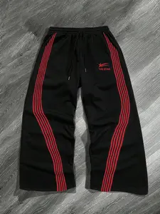 Men's Loose-Fit Striped Drawstring Waist Athletic Pants, Street Style Kint Fabric, All-Season Comfortable Casual Wear, Fashionable Daily Use, Drawstring Waist Athleisure