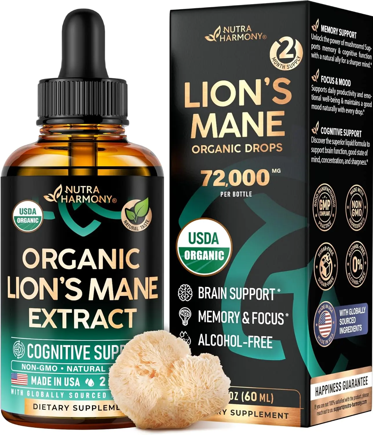 Lions Mane Liquid - USDA Certified Organic Lions Mane Supplement - Brain Support, Energy, Memory & Focus - Sugar & Alcohol-Free Lion's Mane Mushroom Extract 72,000 mg / Bottle, 2 Fl OZ, 2 Month Supply