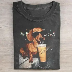 Funny Dachshund Drinking Iced Coffee T-shirt, Animal Meme Graphic Tee, Gift for Men, Women