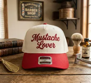 Retro Mustache Trucker Hat – Red Cream Embroidered Cap, Funny Facial Hair Humor Hat, Novelty Gift for Him