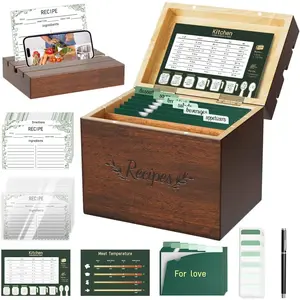 Vintage Pine Wooden Recipe Box Set includes 100 4x6 Recipe Cards with Protectors, 12 L-Divider Pockets, 24 Divider Tabs and 1 Pen, Recipe Card Holder Organizer to Write Your Recipes