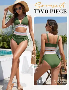 HEEKPEK Women High Waisted V Neck Bikini Set Tummy Control Swimsuits Color Block Two Piece Drawstring Bathing Suit #SummerVibes SwimWeek