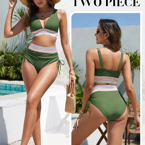 [SummerClearance] HEEKPEK Women High Waisted V Neck Bikini Set Tummy Control Swimsuits Color Block Two Piece Drawstring Bathing Suit #SummerWins #SwimWeek #DealsForYouDays, Bikinis Sets, Beachwear Swimsuits