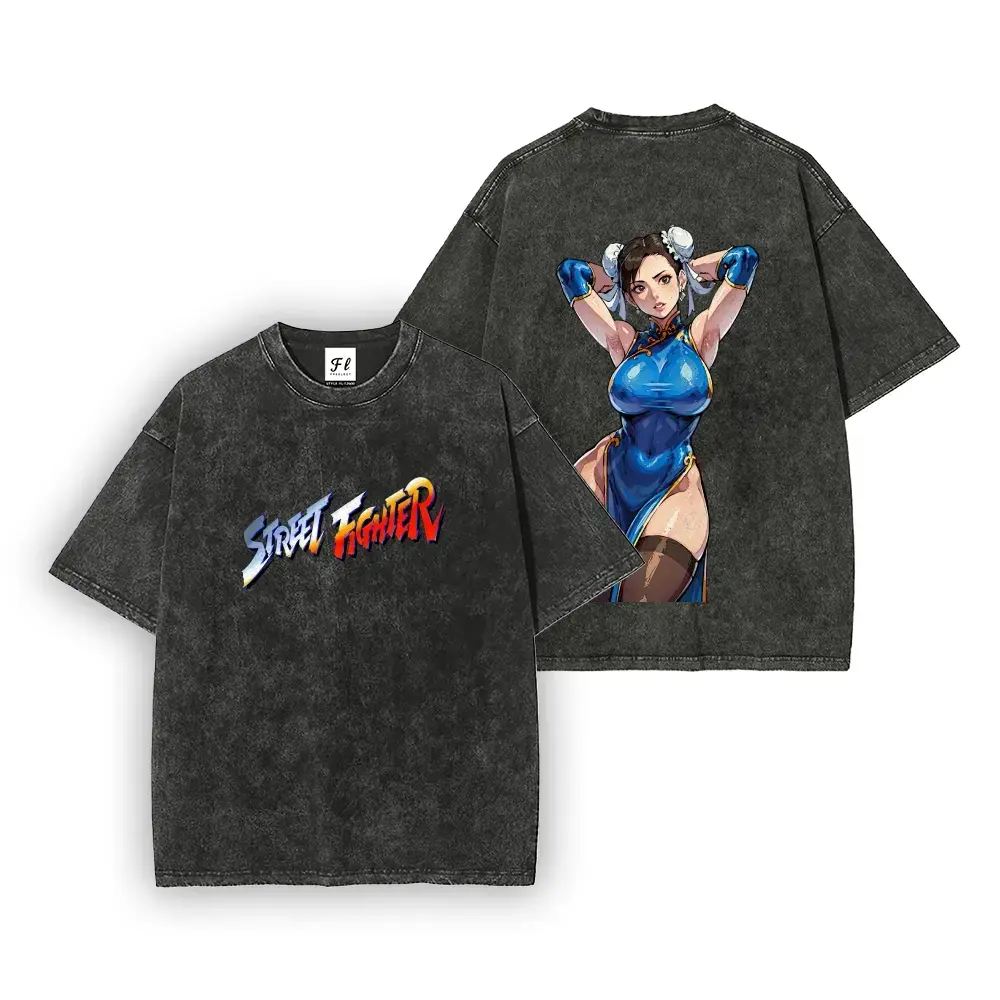 Men's Chun-Li Street Fighter Retro Arcade Game Oversized T-Shirt, Acid Washed Black, Double Sided, Distressed Short Sleeve Cotton Unisex Aesthetic Classic Top, Seamless Garment, Retro Wash Streetwear, Shortsleeve