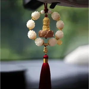 New Car Rearview Mirror Pendant Chinese Lucky Wood Carving Lotus Buddha Statue Car Decor Fengshui Tassel Hangings New Year Gifts
