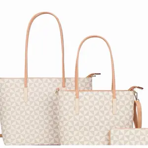 Set of 3 Tote Bags with Geometric Pattern and Tan Handles for Everyday Use