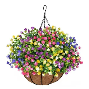 Artificial Hanging Plants Flowers with Weaving Plant Basket for Spring Summer Outdoor Decoration, Garden Accessories, Yellow Purple White Orange Pink Fuchsia