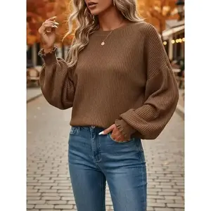Autumn Winter Round Neck Fashion Elegant Striped Lantern Bubble Sleeve Long Sleeve Knitwear Top, Travel Outdoor Daily Wear Single PieceGift