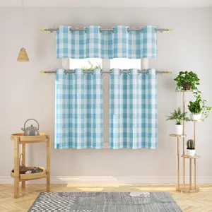 3 Pc Cotton Classic Country Farmhouse Kitchen Window Curtain Grommet Top -Sky Blue & White Buffalo Check Tier & Valance Set, 54" x 18" / 32" x 30"