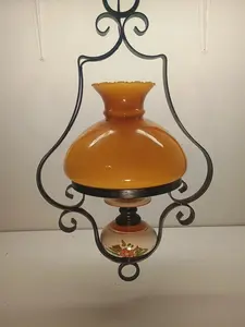 Vintage Hanging Hurricane Swag Lamp Light Fixture White/Caramel & Floral Design