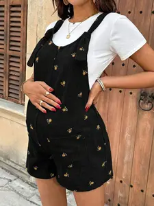 NANCY Maternity Women's Summer Casual Vacation Floral Embroidery Corduroy Tie Strap Romper