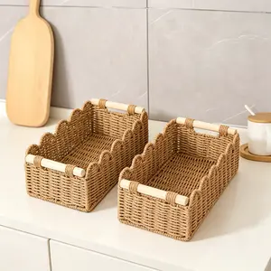 Handwoven Storage Basket with Scalloped Edge Design, for Vanity Countertop, Bathroom Bedroom Kitchen Decor Organizer