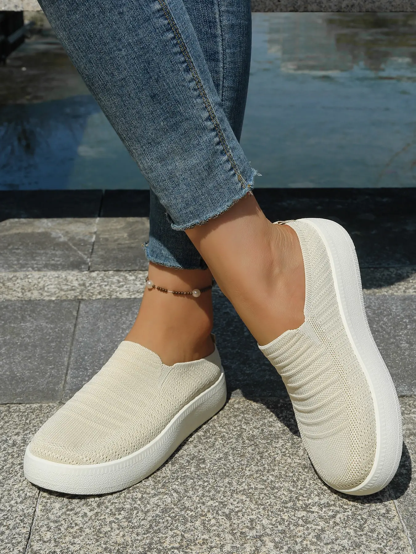 Women's Breathable Knit Slip-On Casual Shoes, Thick Sole Lightweight Lazy Walking Shoes, Comfortable Elastic Commuter Shoes, Footwear