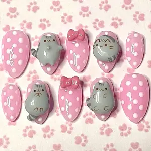 Kawaii Cat Press On Nails, Pink Polka Dot Nails Set