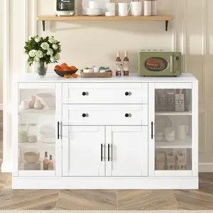 58.3*15.7*33.9 Inch Modern Sideboard Buffet Cabinet MDF Melamine Semi-Transparent Acrylic Panel 4 Doors 2 Drawers Built-in Power Outlet 3-Level Adjustable Shelves Aluminum Alloy Handles 140LBS Tabletop Capacity Easy Assembly
