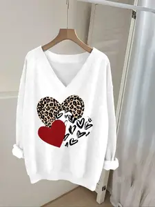 Elegant Women's Casual Top, V-Neck Long Sleeve Fitted Sweatshirt, Heart Patchwork Print, French Style, Suitable for All Seasons, Womenswear