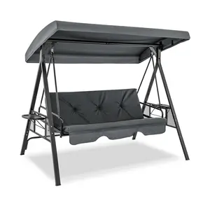 COSTWAY - Convertible 3-Seat Patio Porch Swing Chair to Flat Bed with Adjustable Canopy-Gray