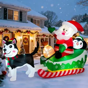 Christmas Inflatables Outdoor - 9.5 FT Christmas Blow Ups Yard Decorations with Lights & Three Characters - Dog, Santa Clause on Sleigh, Penguin, Inflatable Decorations for Outside, Lawn Decor