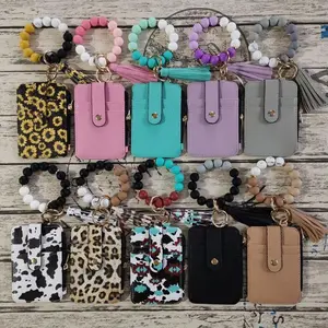 Card Holder ID Holder Silicone Beaded Bracelet Keychain Silicone Bead Bracelet Leather