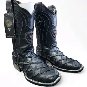 Men Square Toe Pirarucu Print Cowboy Boot/Bota de Pescado Imitación