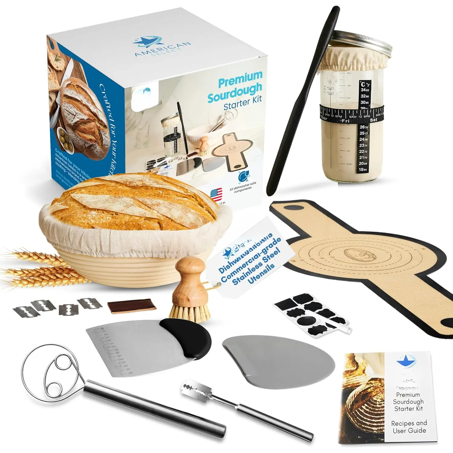 23 count Complete Sourdough Starter Kit with Banneton Proofing Basket, 800ml Jar, Bread Lame, Danish Whisk & sling, sourdough bread baking supplies