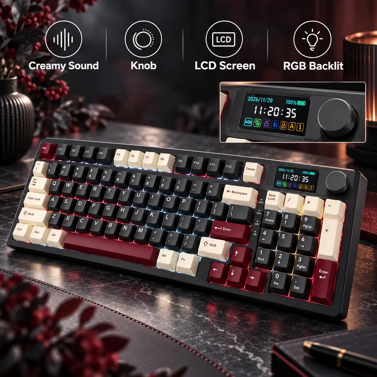 [NEW] Kemove K94 Creamy Gasket  Mechanical Keyboard with Knob & Smart Screen, QMK Programmable, Tri-Mode Connection, RGB Backlit, Hot Swappable for Work & Gaming, Christmas Gift,techvibes