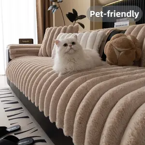 Pet Friendly Plush Sofa Cover, 1 PC Thick Ribbed Couch Seat Pad, Soft Anti Scratch Sofa Protector Mat, Non Slip Machine Washable Couch Cover for Dogs Cats, Cozy Decorative Furniture Cover for Sectional Loveseat 3 Seater Living Room.
