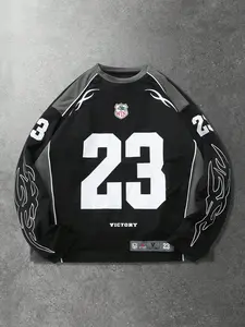 Long Sleeve Sports Shirt Striped with Number 23 Pattern, Fitness Training Competition Wear, Men's Active Wear, Gym Clothes Workout