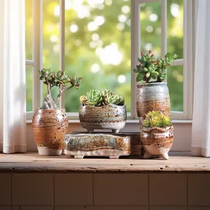 5-piece set of succulent ceramic flower pots, creative multi piece combination set, plant breathable retro indoor small, simple coarse ceramic thumb pot, personalized new style wholesale