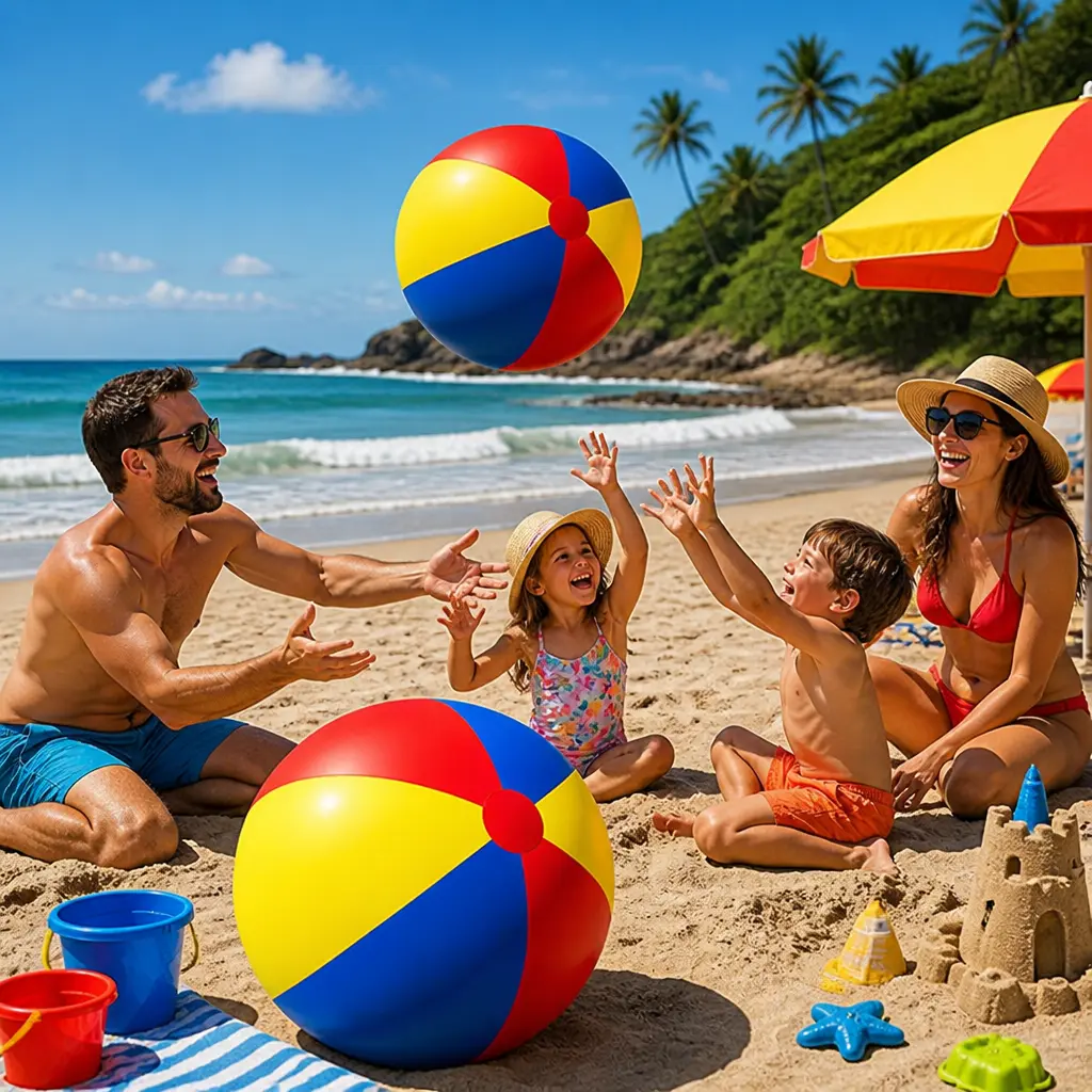 Extra-large colorful balloons. Giant 40-inch inflatable beach balls in rainbow colors. Plastic toys suitable for kids and adults. Perfect for summer pool games, backyard fun, and beach parties.