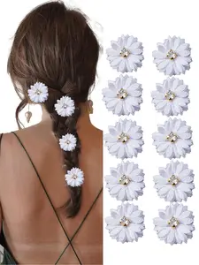 10 pieces of ladies' white daisy hairpins, featuring rhinestone inlay design, elegant and soft fabric flower-shaped hairpins, Floral Hair Accessories, suitable for ladies to wear at wedding parties, Bridal, Hair Clip Set