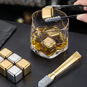 9Pcs Gold Stainless Steel Ice Cubes Freeze Whiskey Silver Ice Rocks for Home Bar Beer Soda Quick Cooling Metal Ice Molds for Kitchen Restaurant