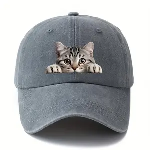 Adjustable Vintage Baseball Cap - Character Inspired Animal Pattern Cartoonish Face Casual Hat with Printed Cartoon Cat Design, Ideal for Outdoor Camping, Targeted for Truck Drivers, Character Inspired Hats, Animal Pattern Hats
