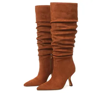 CELNEPHO Knee High Boots for Women Suede Pointed Toe Slouchy Tall Long Boots Stiletto Heel Zipper Closure Wide Calf Easy Pull on for Work Party Outdoor Events Dress Shoes