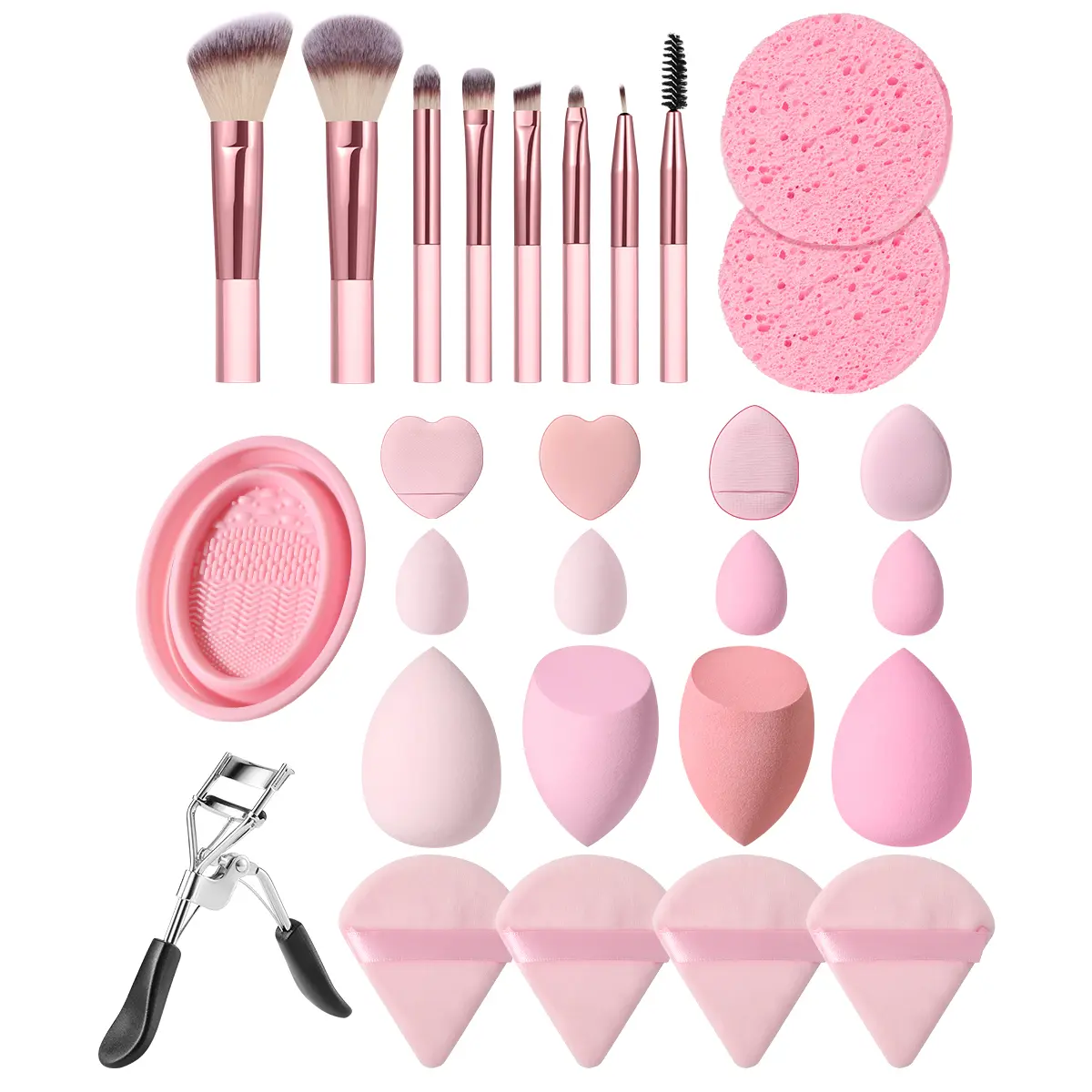 Professional Pink Makeup Brush Kit with Beauty Sponges, Soft Makeup Puffs, Eyelash Curler, Makeup Brush Cleaner Bowl, Complete Base & Eye Makeup Tools for Daily Makeup & Travel