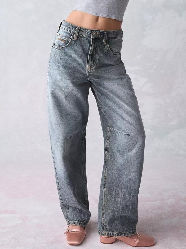 B D G Logan Buckle Baggy Barrel Jean Rigid Cotton Denim with Adjustable Back Buckle & Distressed Hem for Comfort & Style