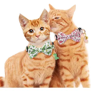 2 Pack Cotton Cat Collar with Bow Tie and Bell for Male Female Cats,Soft Fancy Breakaway Kitty Kitten Collar with Ghost& Pumpkin Patterned Design for Boy Girl Cats. (Dinosaur)